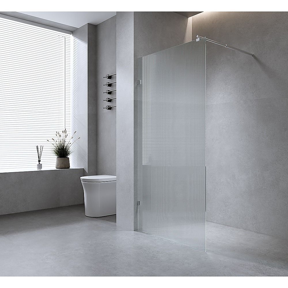 Corner-mounted reeded glass shower screen panel with black F-brackets and top fixing
