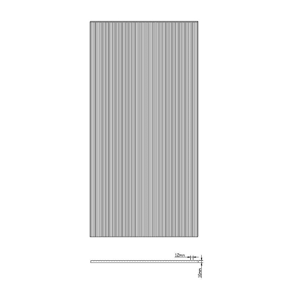 Reeded glass shower panel template with vertical grooves and overall size dimensions