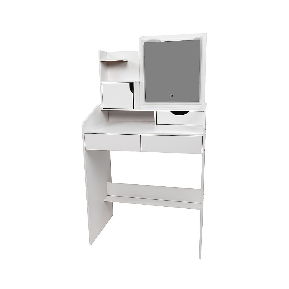 White vanity mirror desk table with LED backlit mirror, shelves and drawer