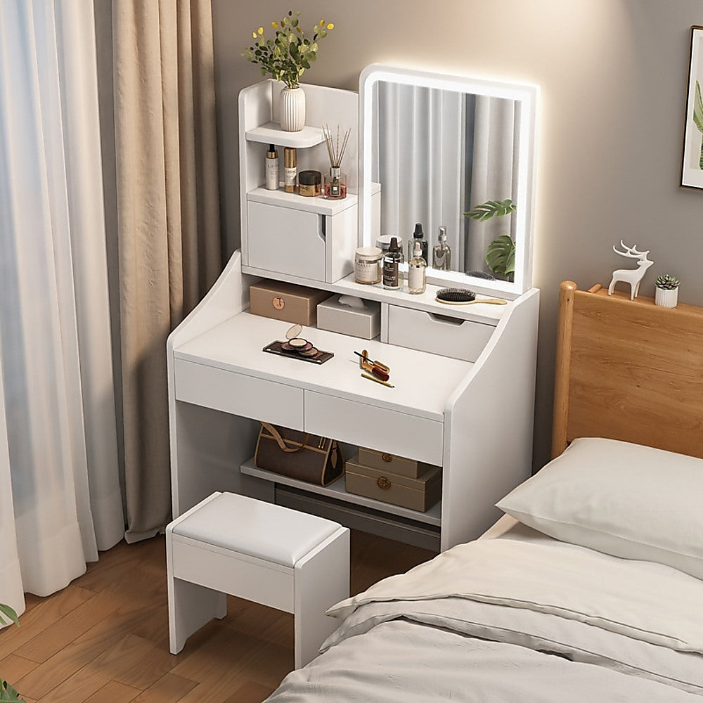 White vanity mirror desk table with LED mirror, makeup drawers and storage