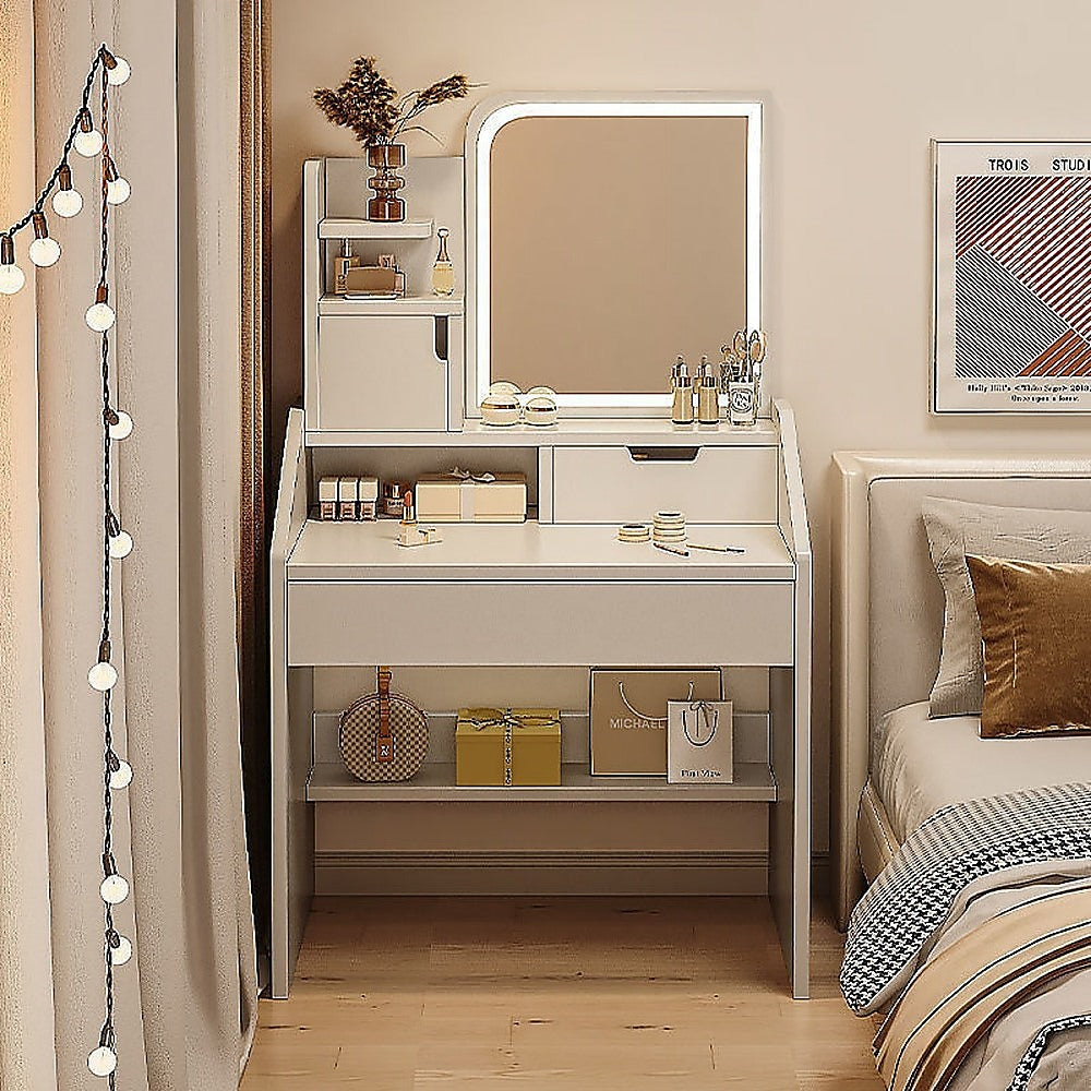 White vanity mirror desk table with LED mirror and open front storage