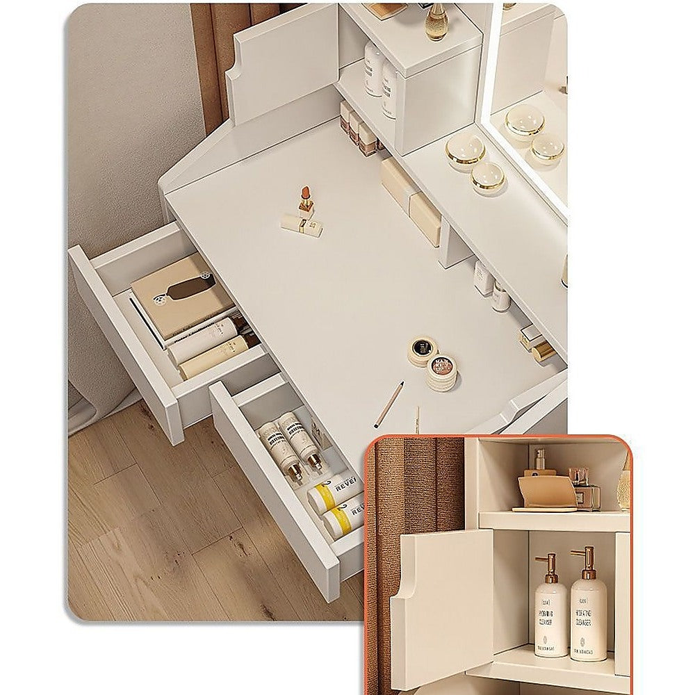 White vanity mirror desk table with open compartments and pull-out drawer