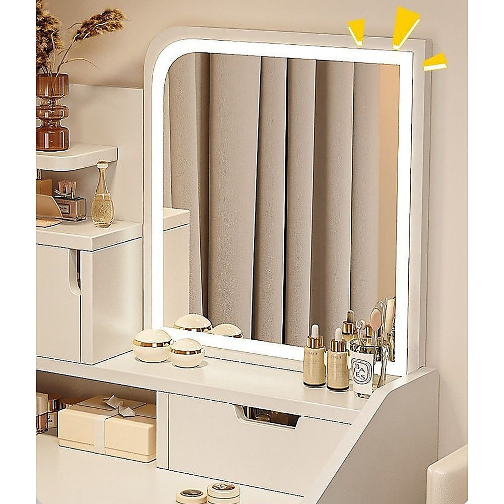 White vanity mirror desk table with LED-lit arched mirror and built-in shelf
