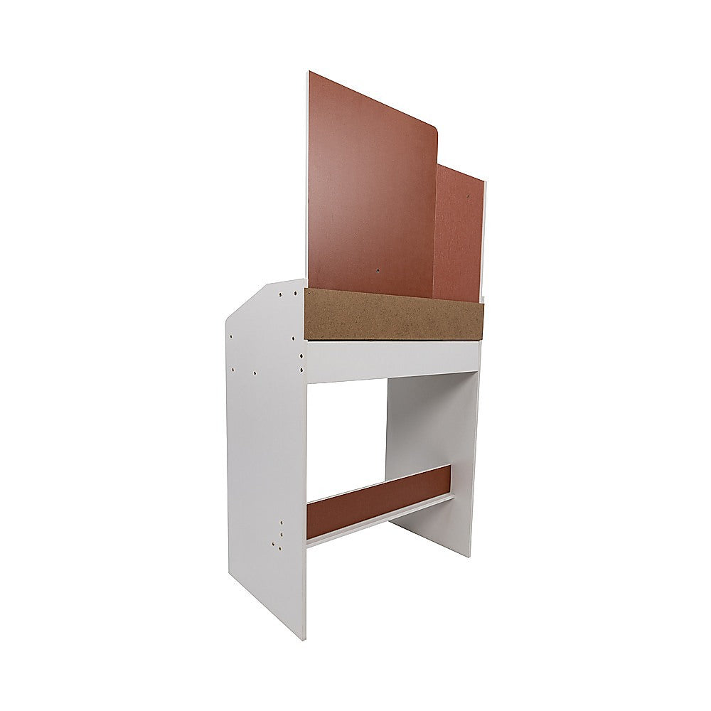 White vanity mirror desk table with hinged top and open shelves