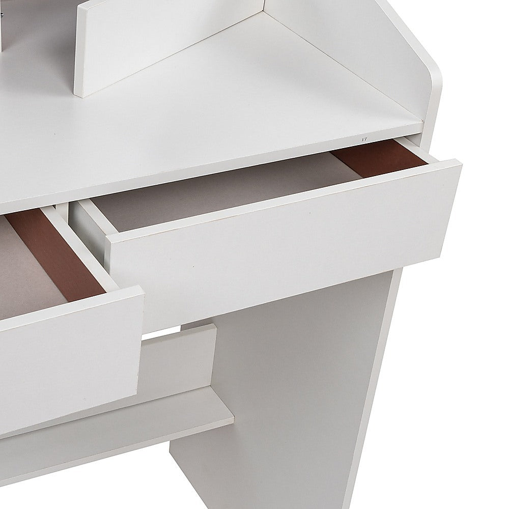 White vanity mirror desk table showing storage drawer and interior compartment