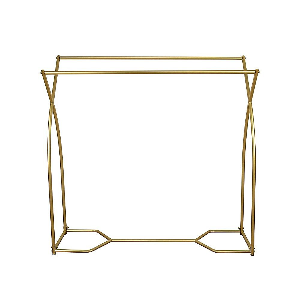 Gold clothing garment rack with rectangular frame and angled support feet