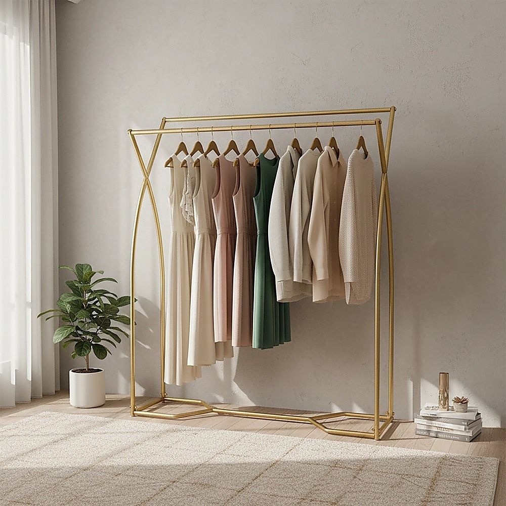 Gold garment rack holding assorted shirts and dresses on hangers