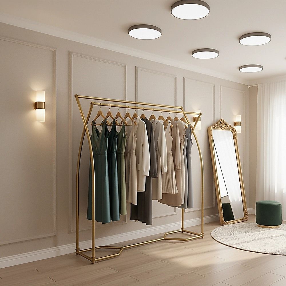 Gold clothing rack with hangers, full-length mirror, and coat bar frame