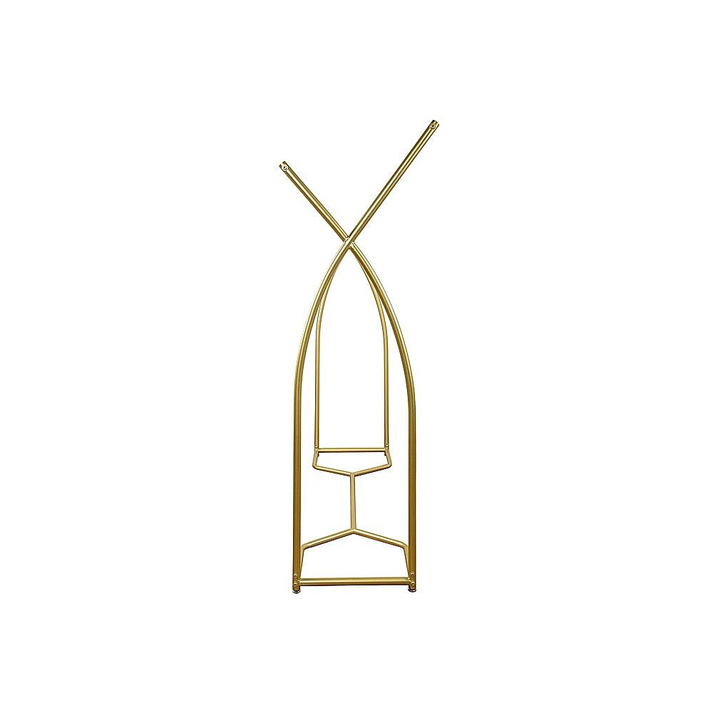 Gold arched garment rack frame with two crossbars and base shelf