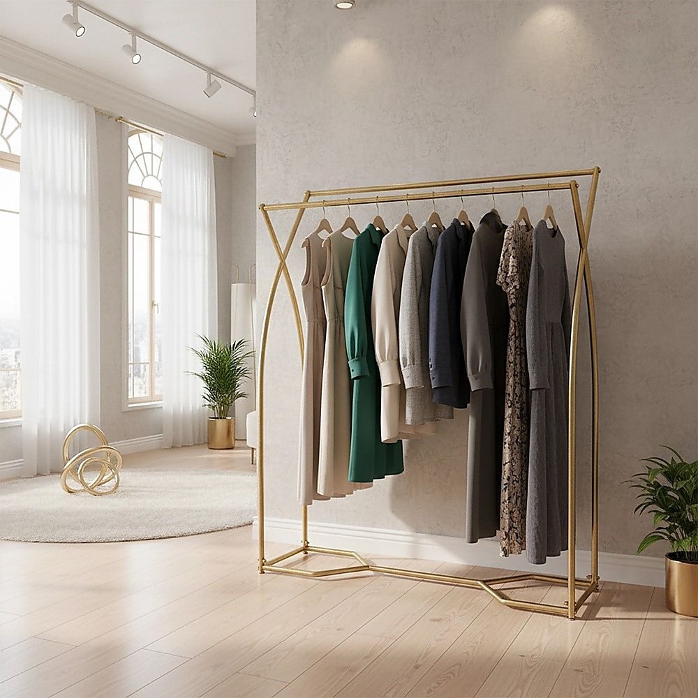 Gold clothing rack with hangers displaying multiple shirts and dresses