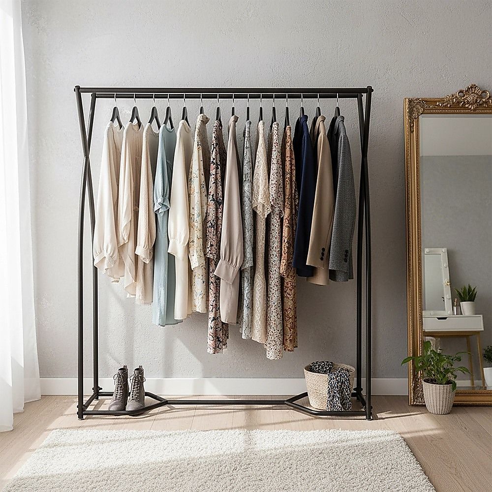 Black garment rack with top hanging bar and lower base stand, holding clothes