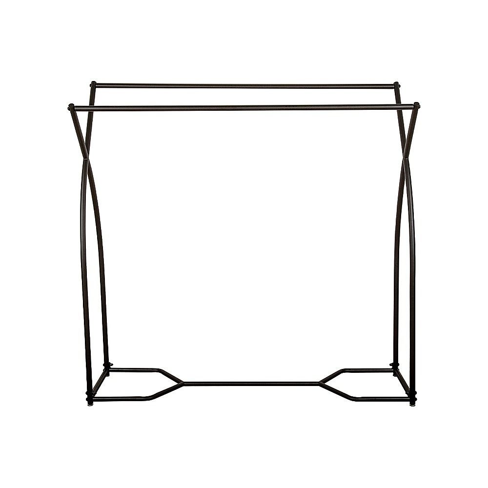 Black metal garment rack frame with flat base and four upright legs
