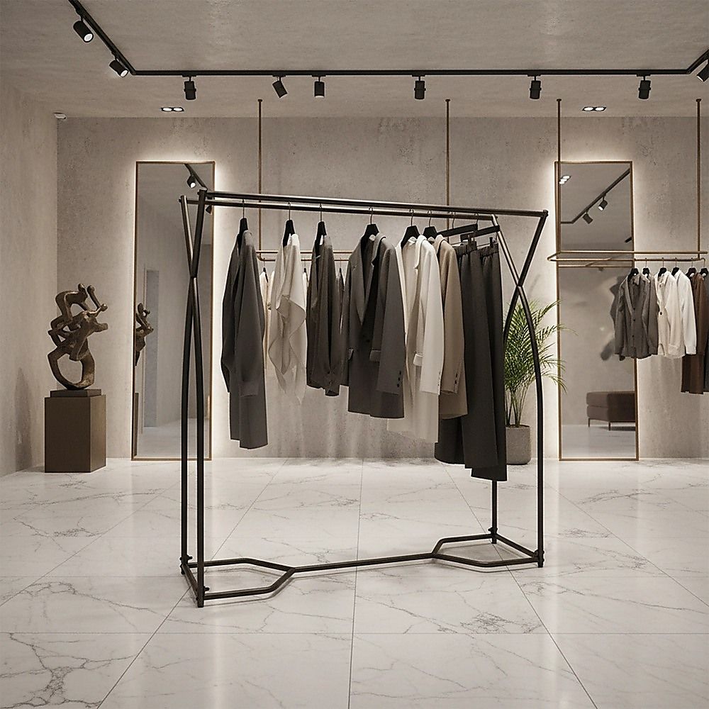 Black garment rack with two hanging bars and a lower base, with clothes on hangers