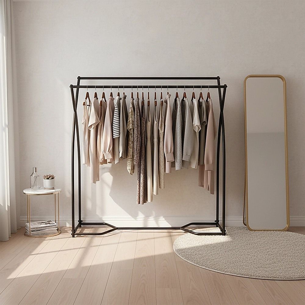 Black garment rack with hanging bar and base, shown with clothes on hangers