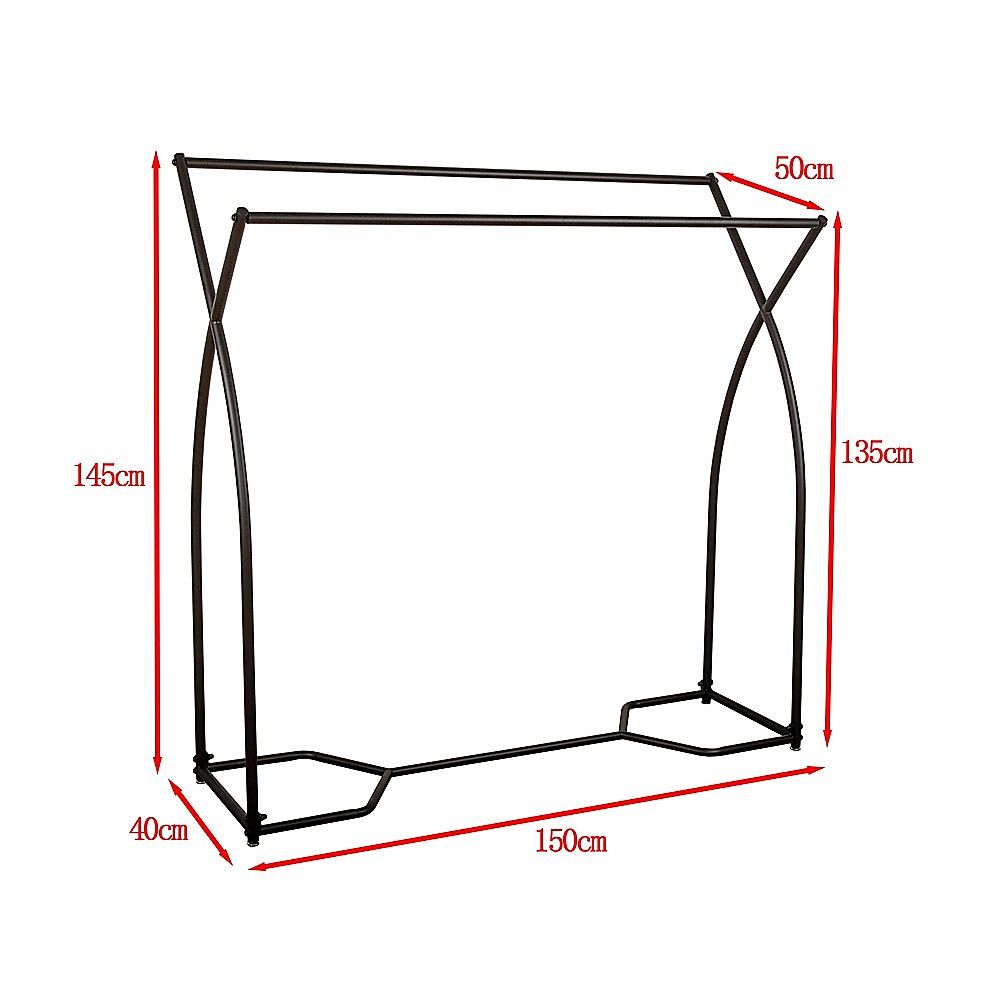 Black metal garment rack with upper hanging bar and side arches, size 150cm x 145cm