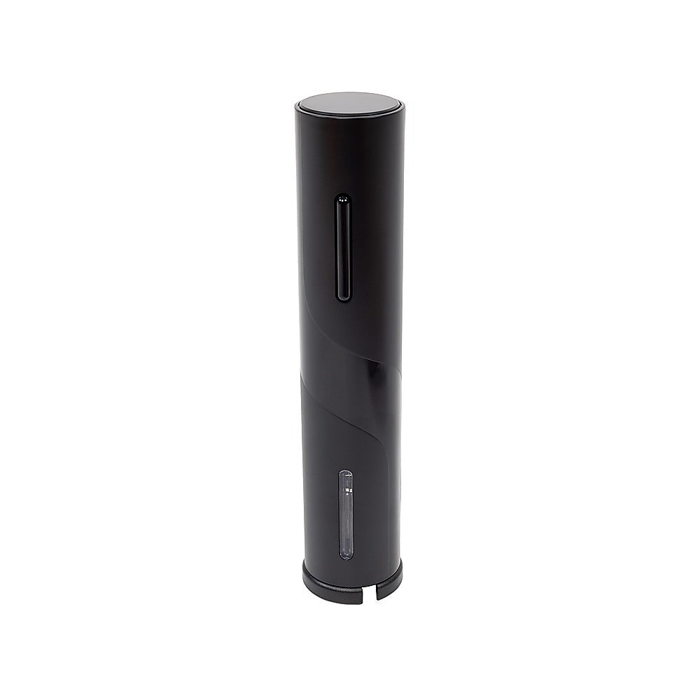 Electric wine bottle opener, black cylindrical body with switch on front