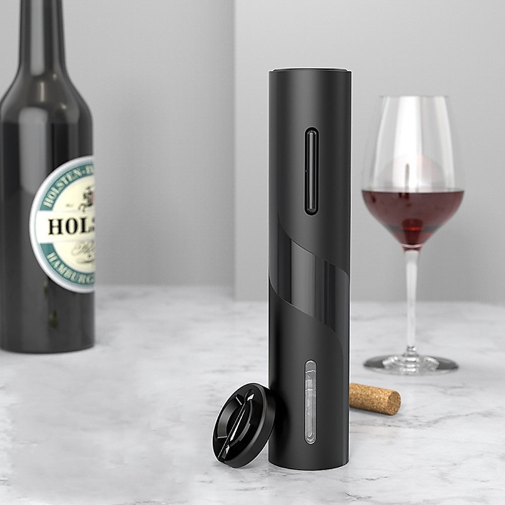 Electric wine bottle opener with removable base cap, black finish