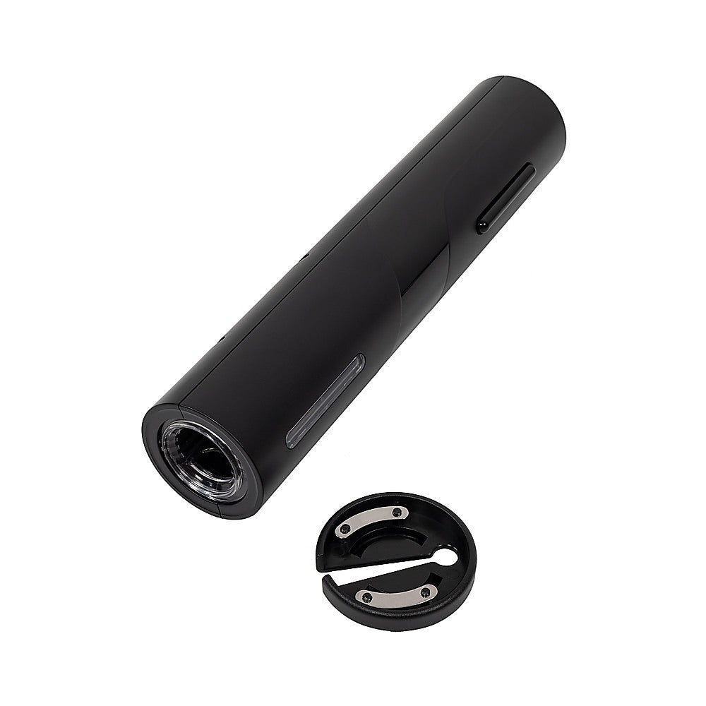 Electric wine bottle opener with removable cap piece, black body
