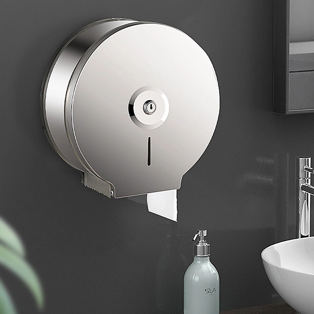 Wall-mounted stainless steel toilet paper dispenser with circular lock cylinder