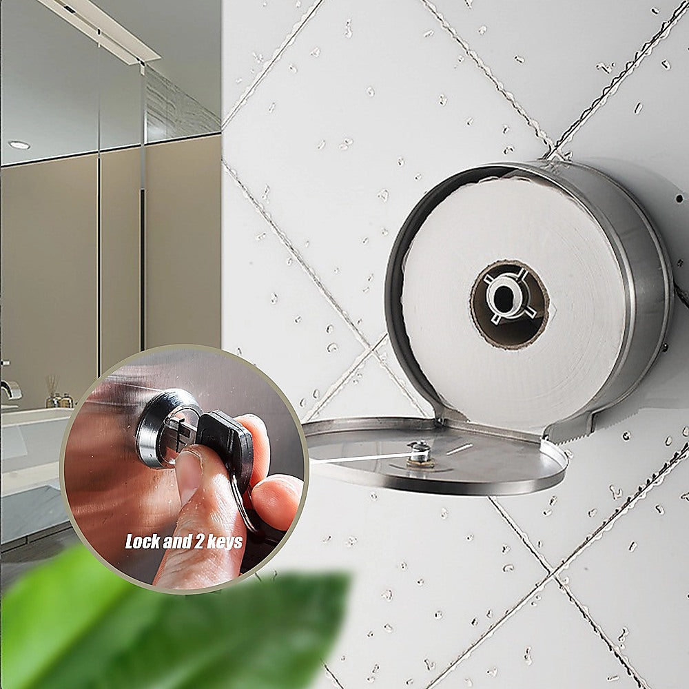 Stainless steel toilet paper dispenser with open cover and key lock mechanism