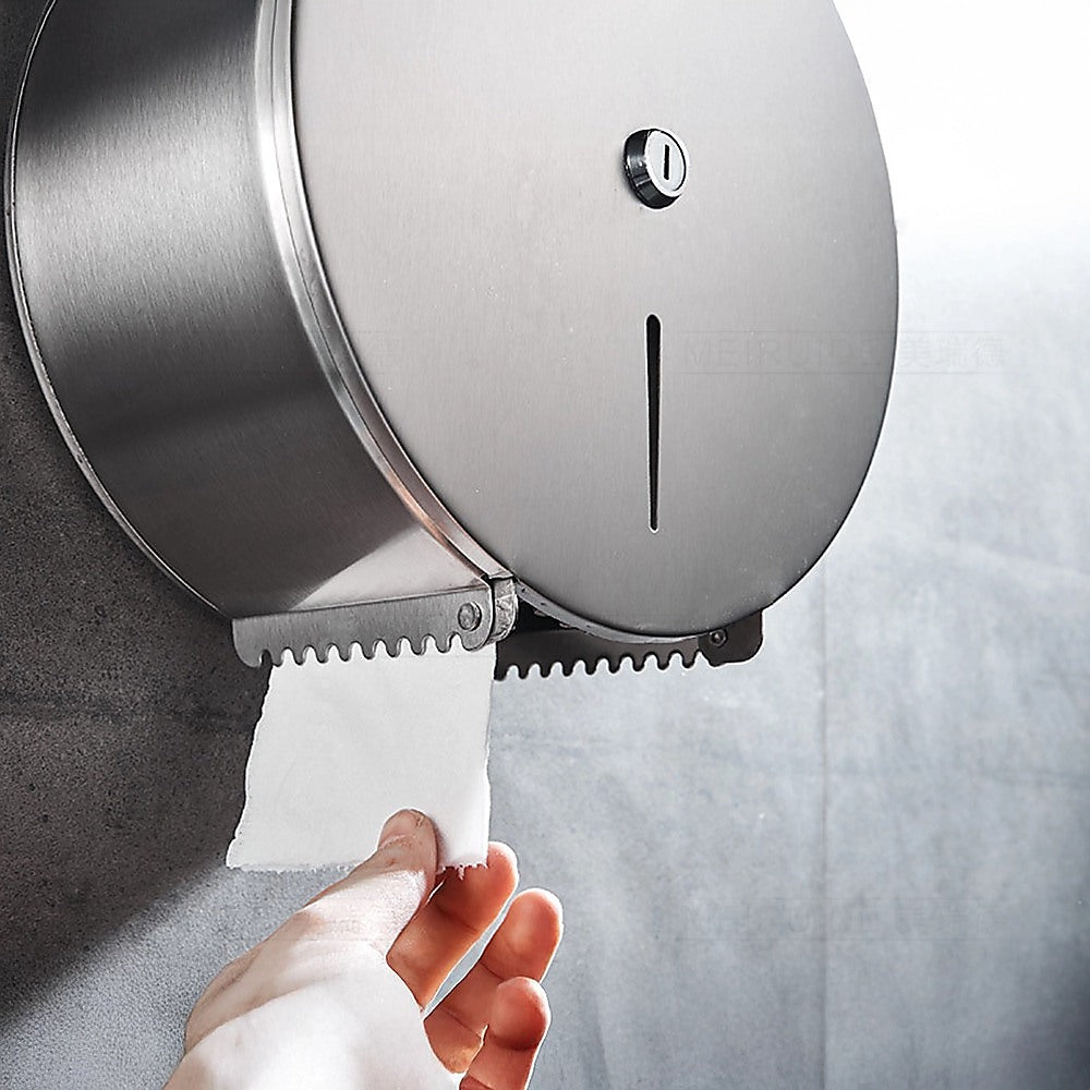 Stainless steel toilet paper dispenser dispensing sheet from front opening