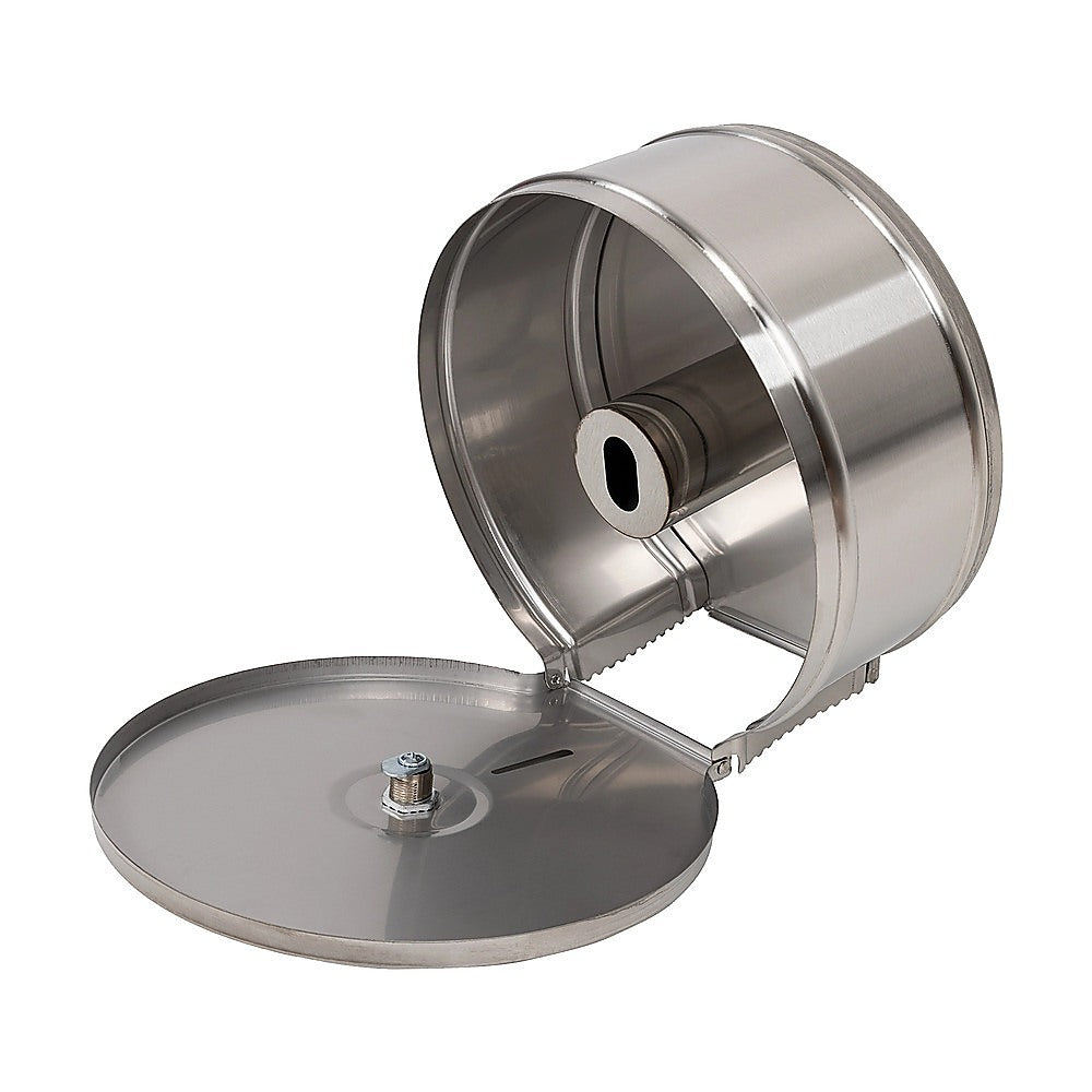 Stainless steel toilet paper dispenser with open top cover and visible spindle
