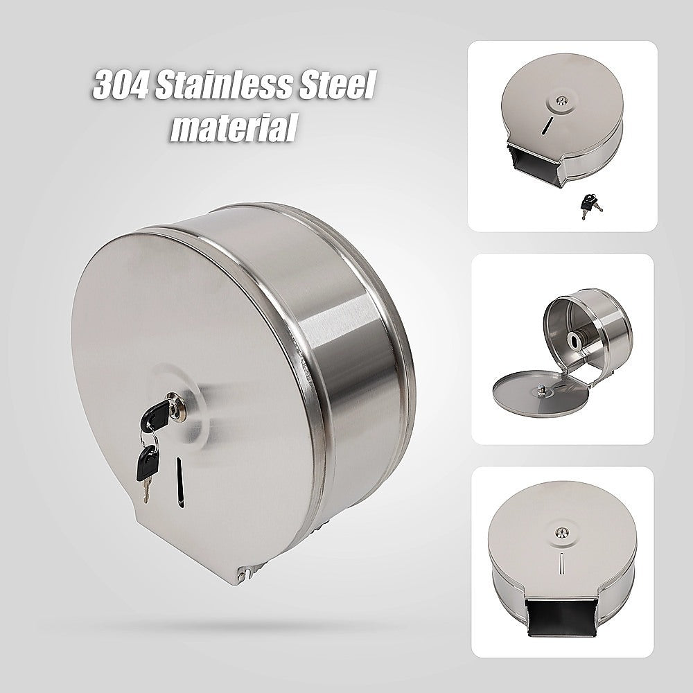 Brushed stainless steel toilet paper dispenser with front key lock and cover