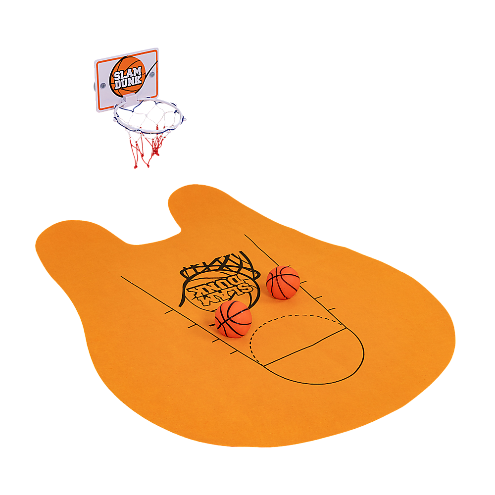 Orange basketball mini hoop game mat with printed court lines and two basketballs