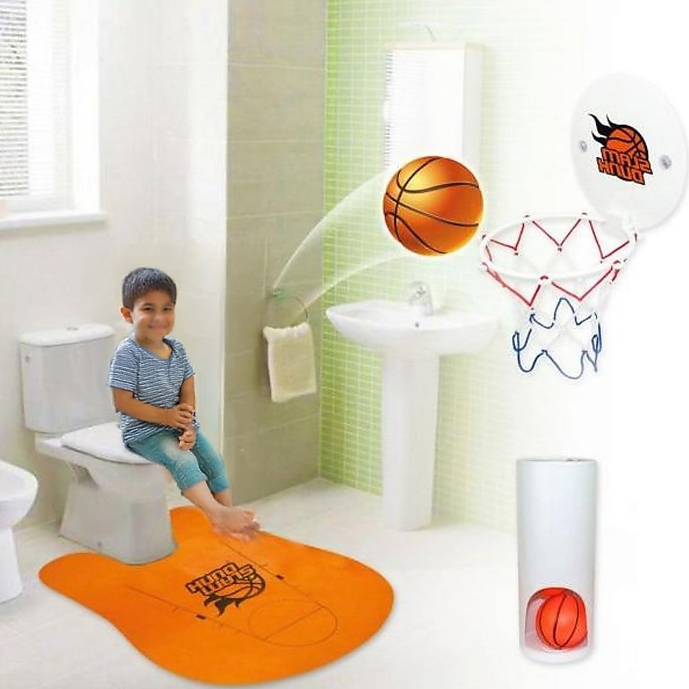 Toilet basketball game set with hoop and orange court mat, ball and mounted frame