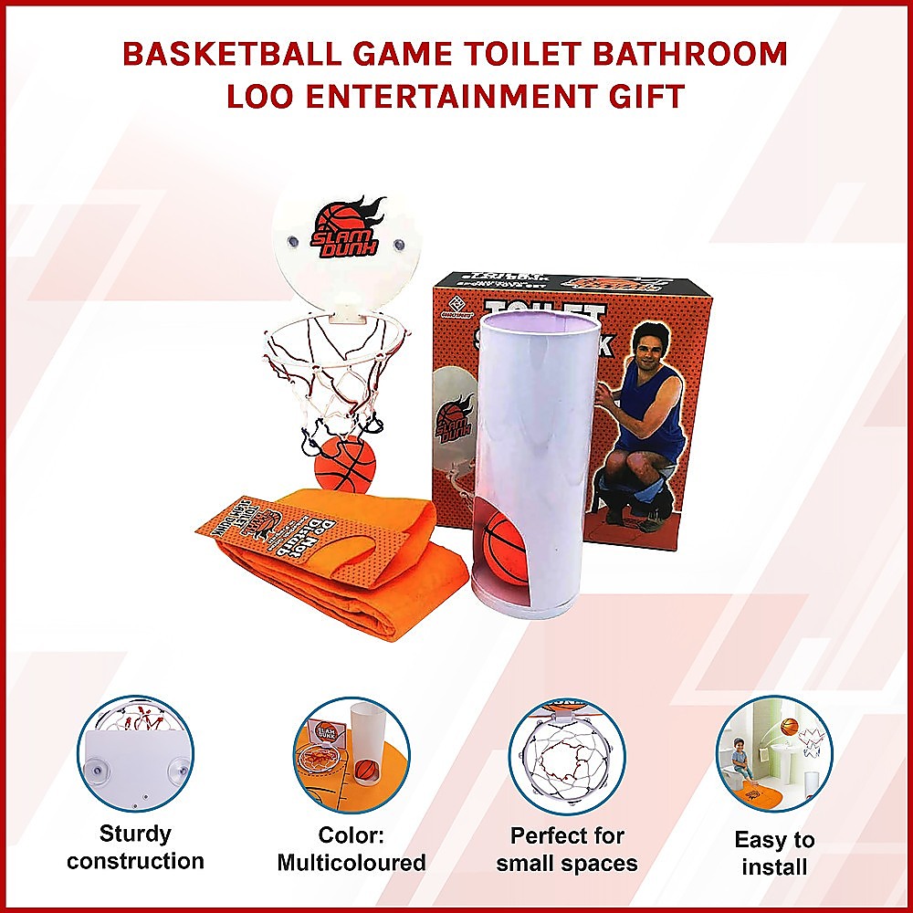 Basketball toilet game gift set with hoop, orange mat, and white scoring tube in box