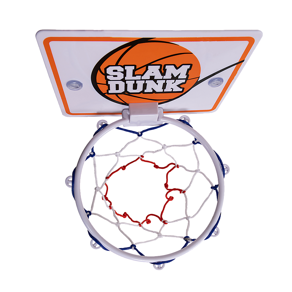 Orange-and-white basketball hoop with net and Slam Dunk style backboard frame