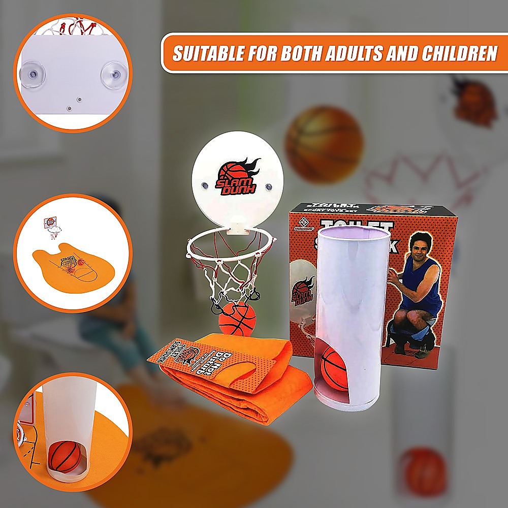 Toilet basketball hoop set with white scoring tube, orange court mat, and basketball