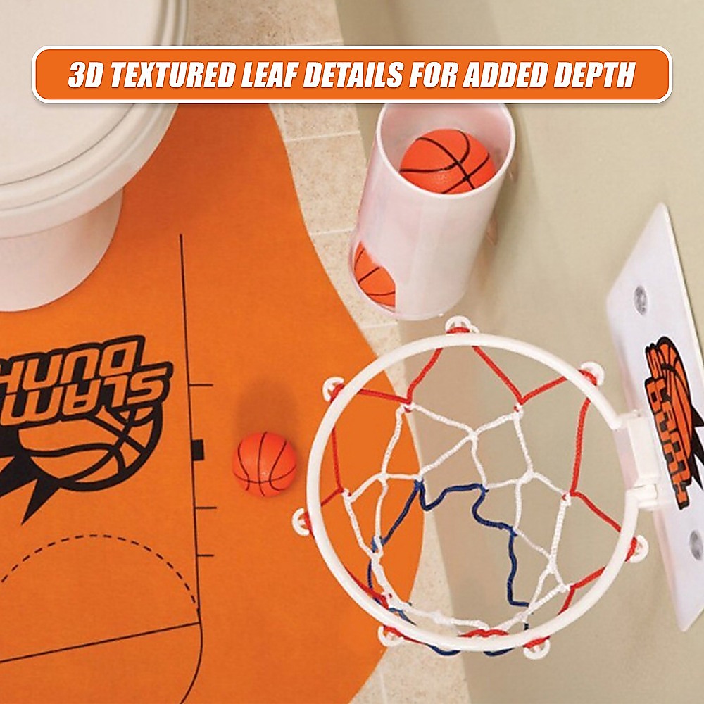Basketball hoop net with orange ball above orange court mat and white scoring tube