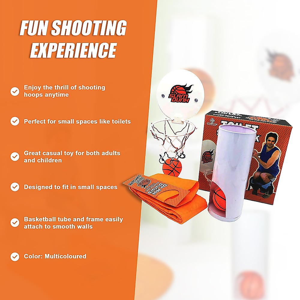 Toilet basketball game set with hoop, white scoring tube, and folded orange court mat