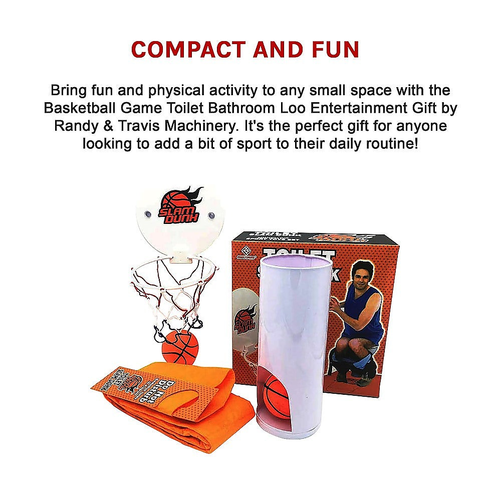 Basketball toilet game gift set with hoop, orange court mat, and white scoring tube