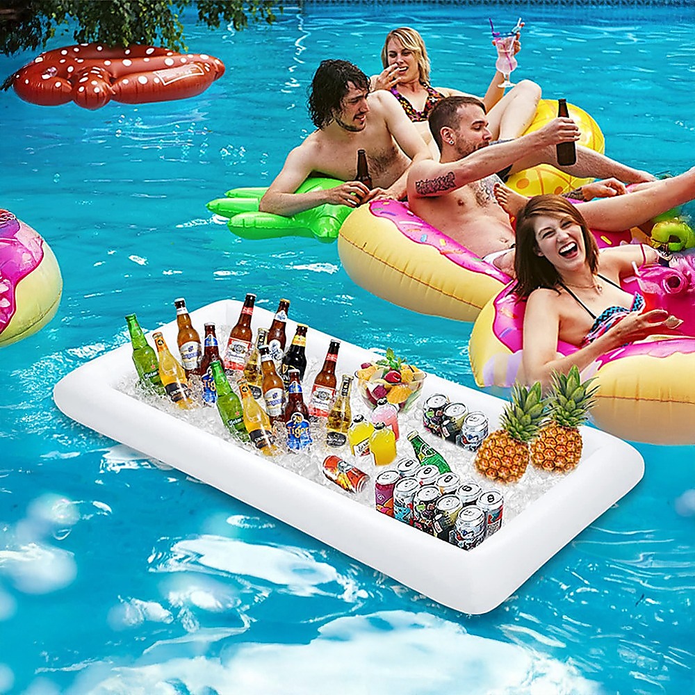 Inflatable white drinks holder floating on pool water with bottles and ice