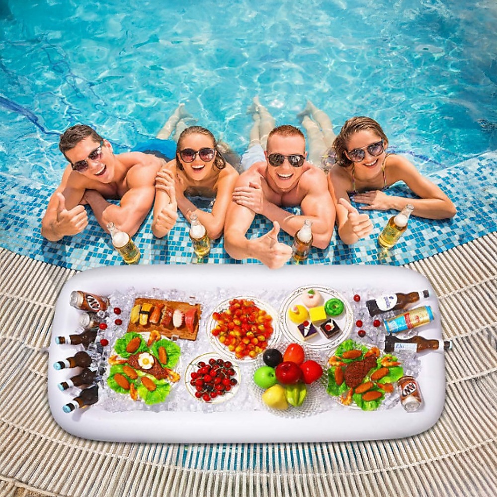 Inflatable white drinks holder floating with party spread on the tray