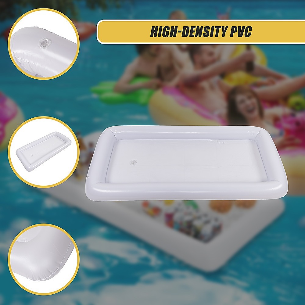 White inflatable drinks holder tray with label-style detail callouts on edges