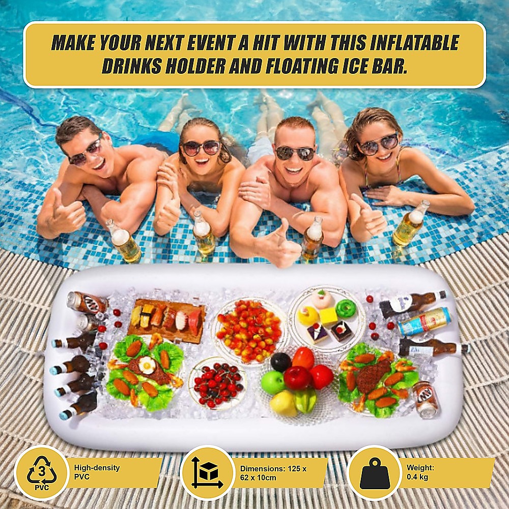 Inflatable white drinks holder with tray and ice bar setup floating in a pool