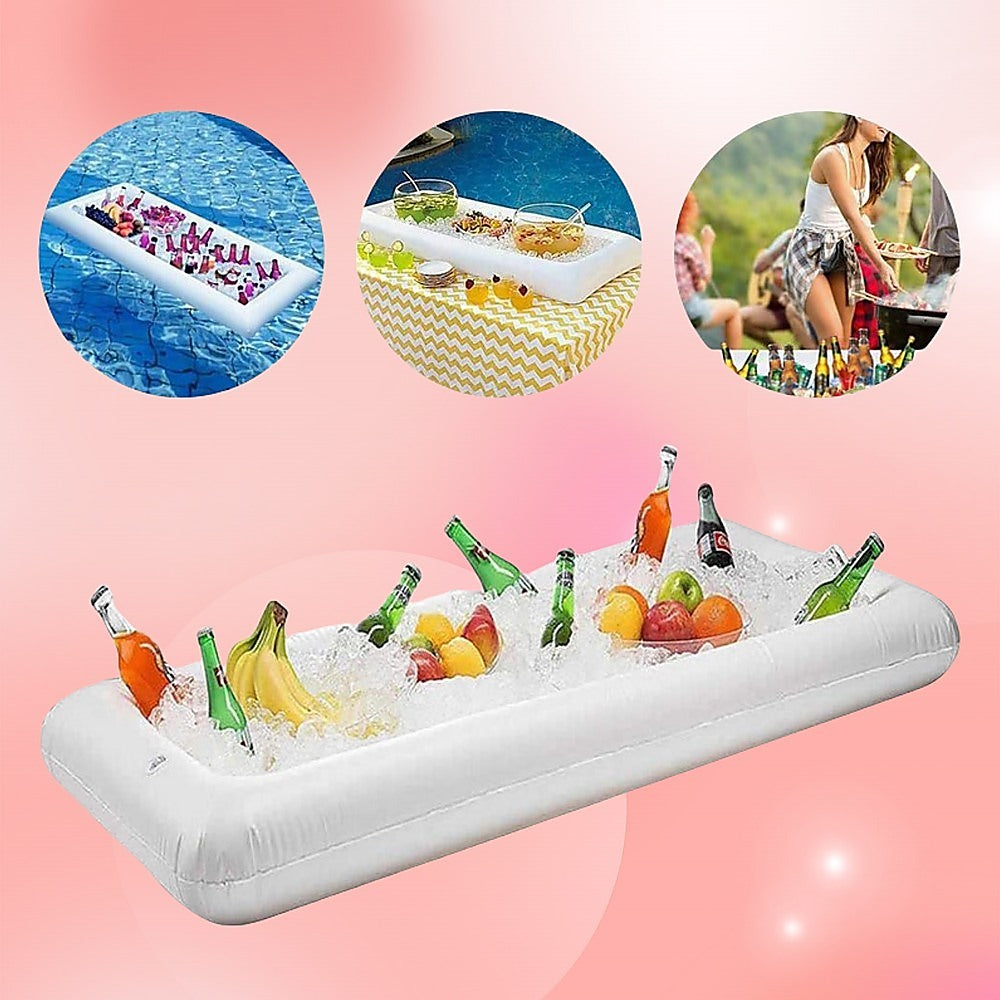 Inflatable white drinks holder pool ice bar with raised rim and bottle-ready surface