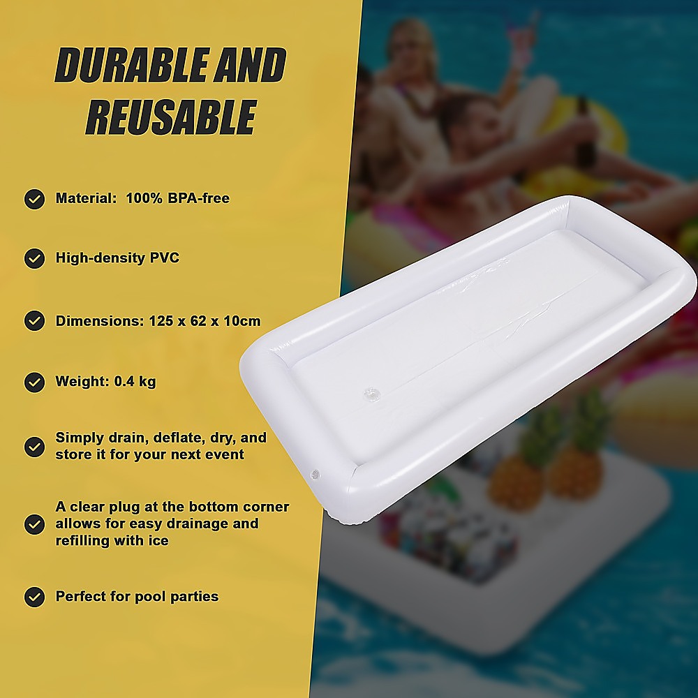 White inflatable drinks holder tray with rounded corners and bottom drain plug