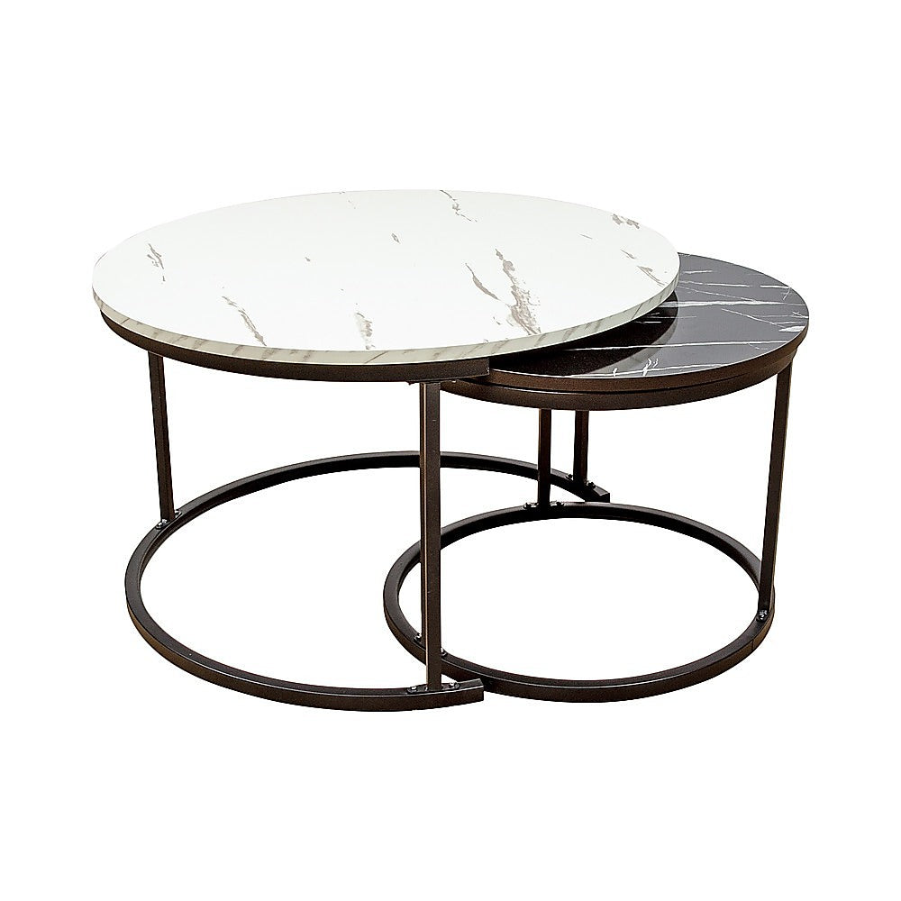 Round marble nesting side table set, white and dark gray tops with black metal frame.