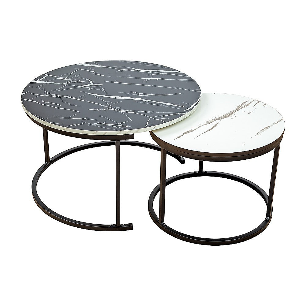 Round marble nesting side table set, dark gray and white tops with black metal legs.
