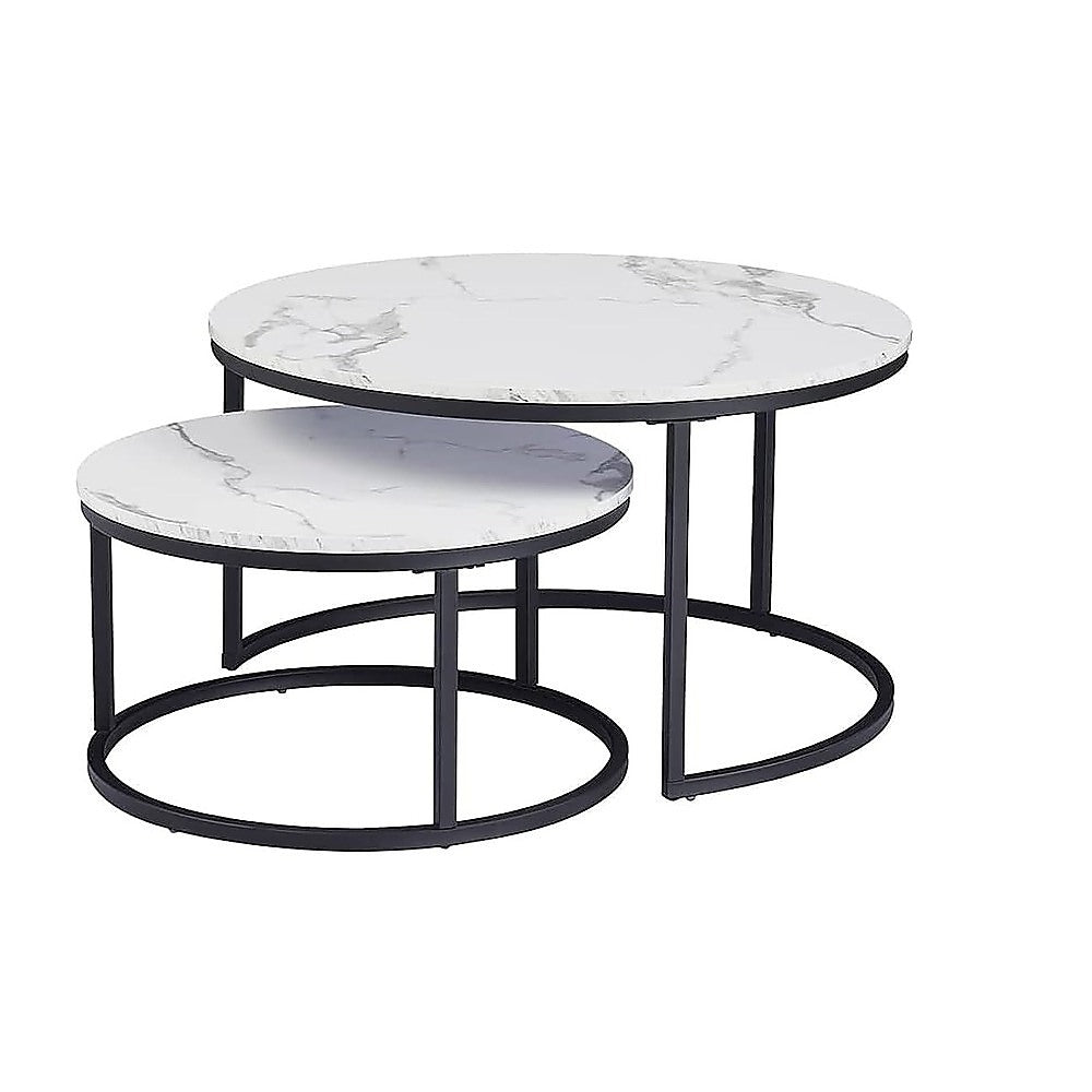 Round marble nesting side table set, white tops with gray veining and black metal frame.