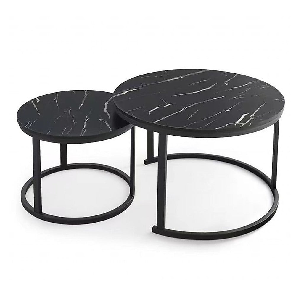 Round marble nesting side table set with dark gray tops and white veining, black metal base.
