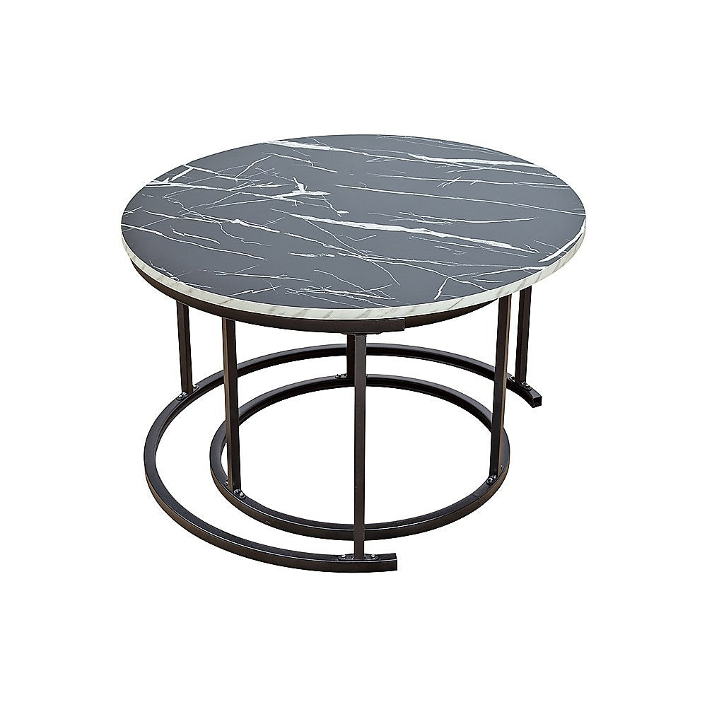 Round marble coffee side table with dark gray veined top and black metal circular base.