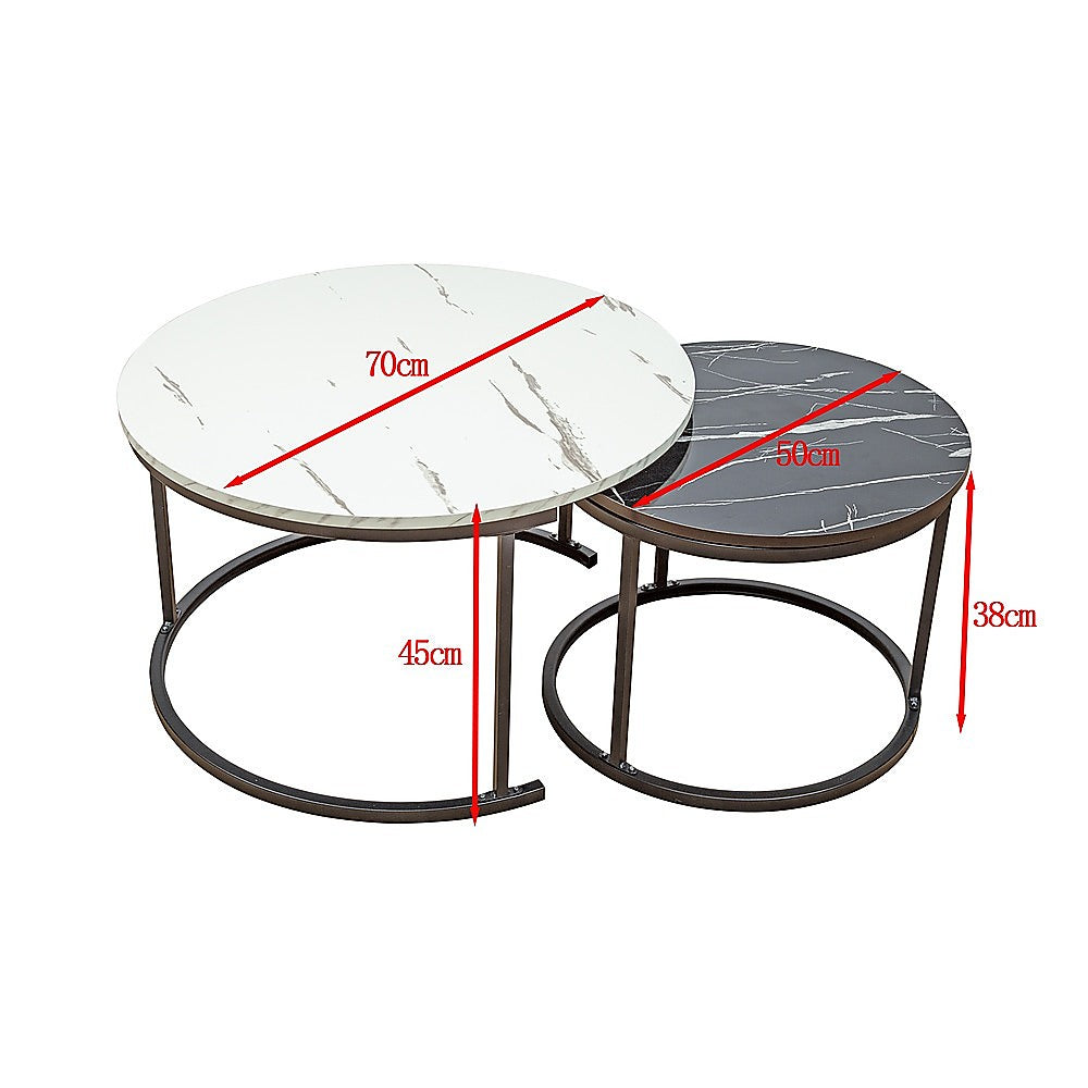 Nesting side table set with round marble tops and visible size measurements in red.