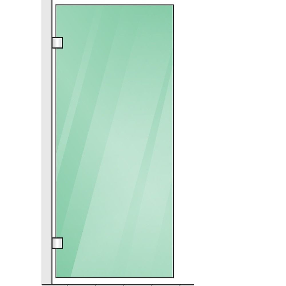 Clear glass shower panel outline with corner brackets and vertical mounting posts