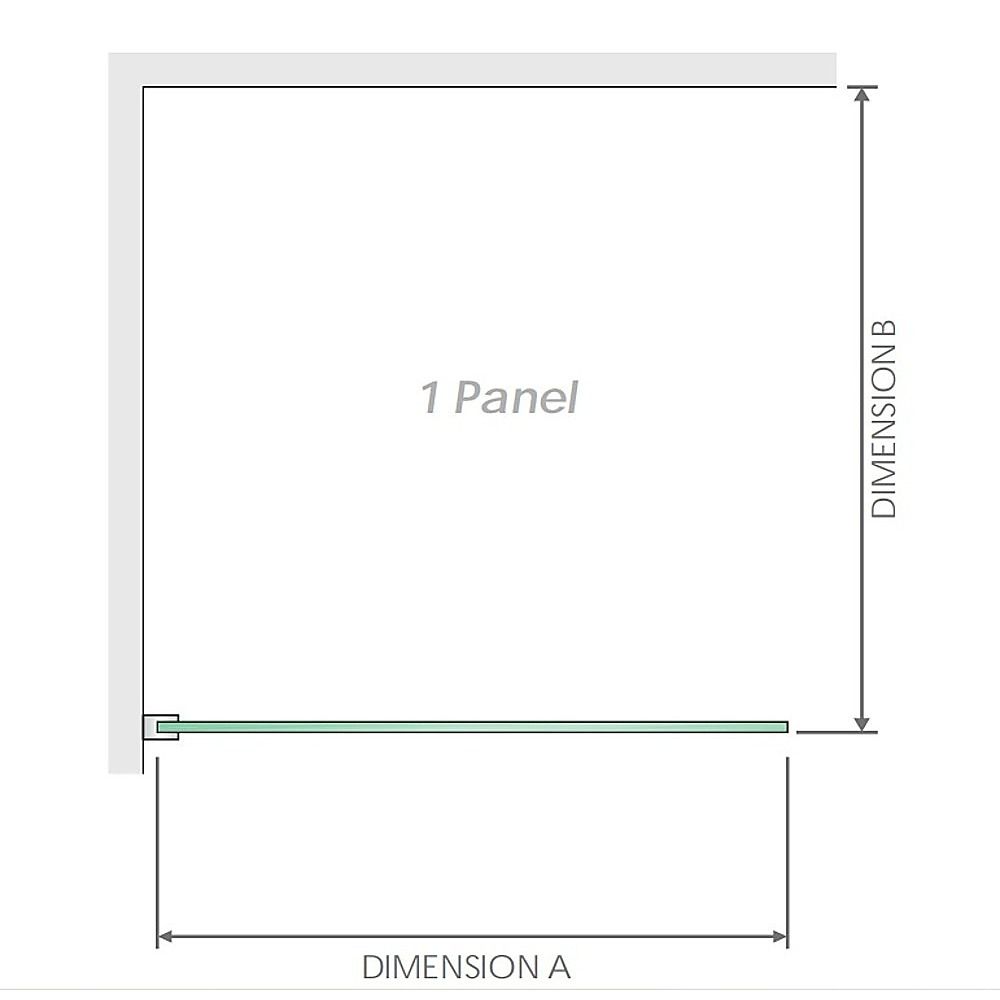 Shower screen technical diagram: fixed 1-panel layout with dimension A and base