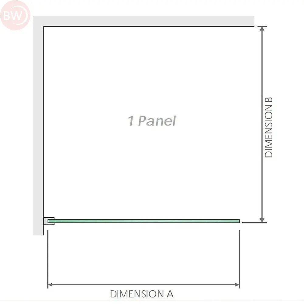 Fixed shower screen panel diagram with dimension labels and base channel